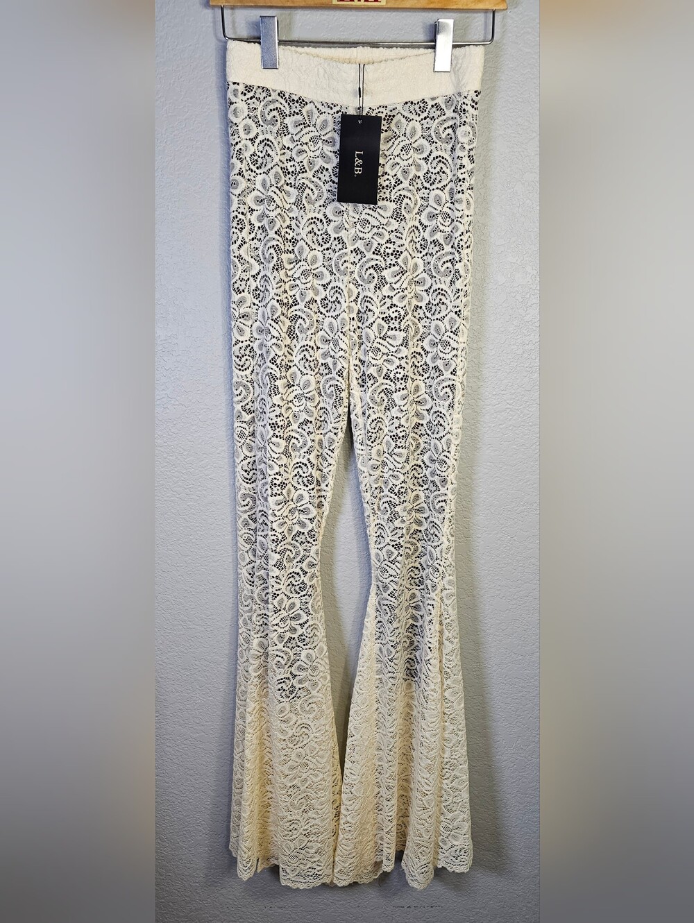 L&B Lucky & Blessed NWT Ivory Lace Bell Bottom Flare Pants Small Boho Western